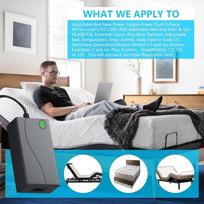 Adjustable Bed Base Power Supply Adapter Kit for Tempurpedic Ergo/Extend/Sealy Ease and Serta New Generation Electric 3 Piece Electric Bed Switching Power Adapter Replacement Parts