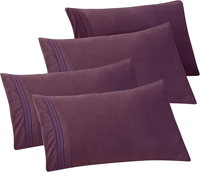 Elegant Comfort 4-PACK Solid Pillowcases 1500 Premium Hotel Quality Microfiber - Smooth Weave, Wrinkle and Stain Resistant, Easy Slip-On, 4-Piece Set, Standard/Queen Pillowcase, Purple
