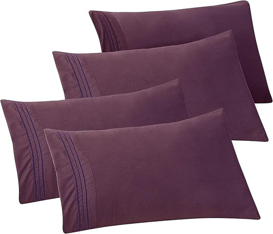 Elegant Comfort 4-PACK Solid Pillowcases 1500 Premium Hotel Quality Microfiber - Smooth Weave, Wrinkle and Stain Resistant, Easy Slip-On, 4-Piece Set, King Pillowcase, Purple