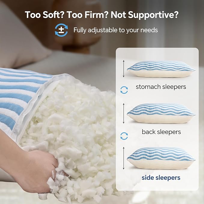SLEEPDIARY King Size Pillows Set of 2 – Adjustable Shredded Memory Foam Cooling Pillows, Custom Loft for Side, Back, and Stomach Sleepers, Shape-Retaining Support & Washable Cover