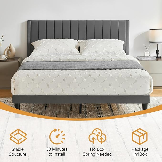 Queen Bed Frame Upholstered Platform,Queen Size Bed Frame with Velvet Headboard,Non-Slip and Noise-Free/Wooden Slats Support/No Box Spring Needed/Easy Assembly/Mattress Foundation (Grey, Queen)