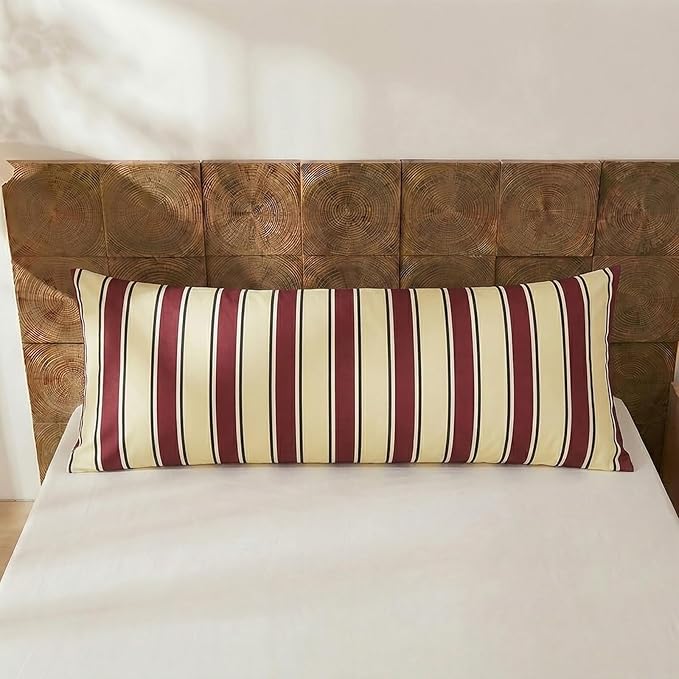 Merryword Body Pillowcases, 100% Cotton Body Pillow Cover, Burgundy & Cream Striped Pillowcases, Luxury Linen Like Pillowcase, Soft Breathable Stripes Pillow Cover