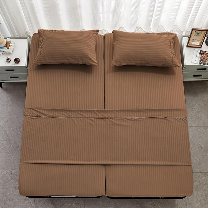 Kingnex Striped Split California King Sheets Sets for Adjustable Bed with Deep Pocket 5 Pieces Include 2 Cali Twin XL Fitted Sheets 1 Flat Sheet 2 King Size Pillowcases Coffee