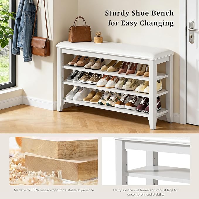 Shoe Rack Bench Entryway Storage with Leather Cushion, Shoe Organizer Bench for Entryway, Ideal for Front Doors Entrances Hallway Mudroom Featuring Rubberwood And 3 Height-Adjustable Removable Shelve