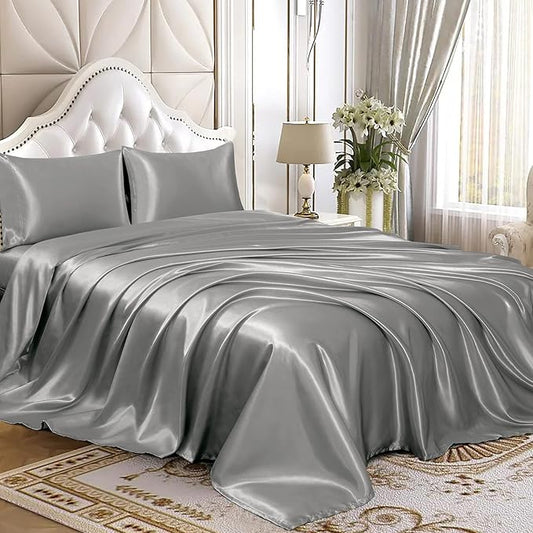 Homiest 4pcs Satin Sheets Set Luxury Silky Satin Bedding Set with Deep Pocket, 1 Fitted Sheet + 1 Flat Sheet + 2 Pillowcases (Full Size, Light Grey)