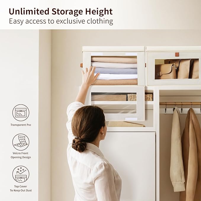 Homsorout Small Fabric Storage bins - Collapsible Storage Bins with Open Window, 2 Pack Closet Baskets for Shelves, Stackable Decorative Boxes for Home, Dorm, Beige, 13.7"x 9.8"x 9.8"