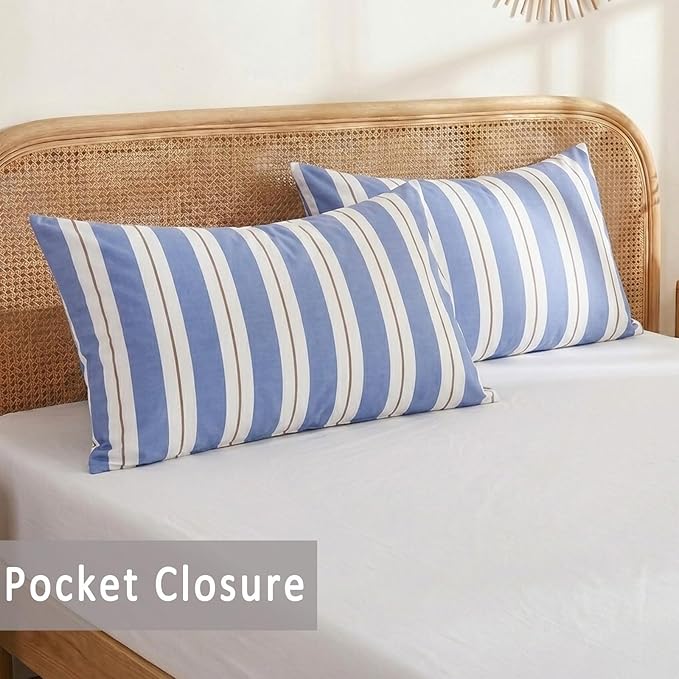 Merryword Blue and White Striped Pillowcases, King Size Pillowcases, 100% Cotton Pillow Cases, Soft Breathable Wide Stripes Pillow Covers, Set of 2