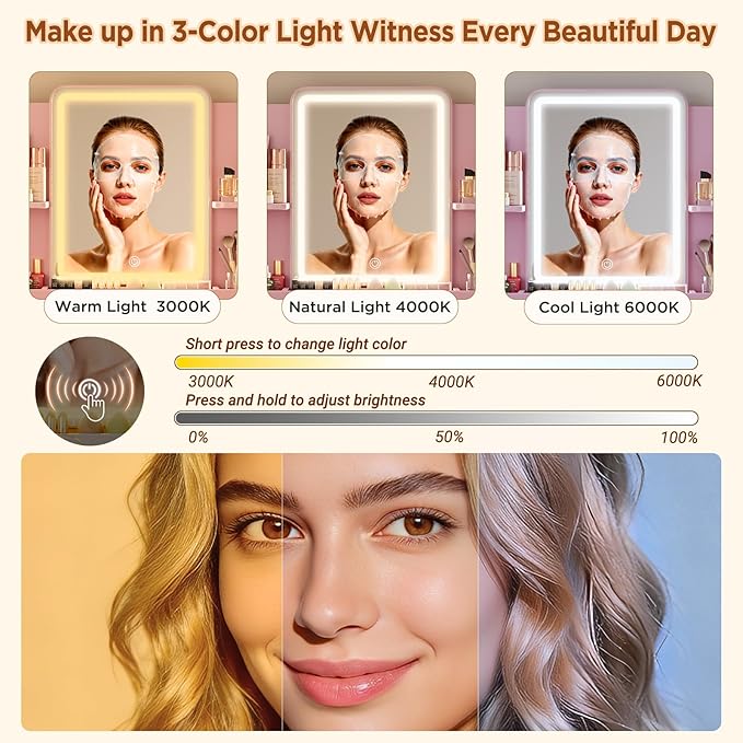 Small Vanity Desk with Mirror and Lights, Makeup Vanity with Storage Drawer, 2 Shelves and 3 Compartments - Pink
