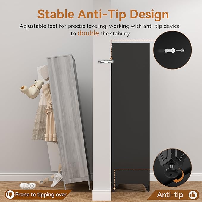 Polup Metal Armoire Wardrobe Closet with Mirror, 71" Tall Steel Clothing Storage Cabinet with Doors, Hanging Rod and Adjustable Shelves, Freestanding Clothes Organizer for Bedroom, Office, Black