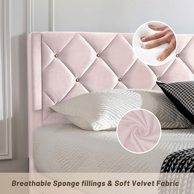 Full Bed Frame with Headboard, Bed Frame Full Size with Sturdy Wooden Slats Support, Platform Frame with Velvet Upholstered Headboard, Mattress Foundation, Easy Assembly, No Box Spring Needed Pink