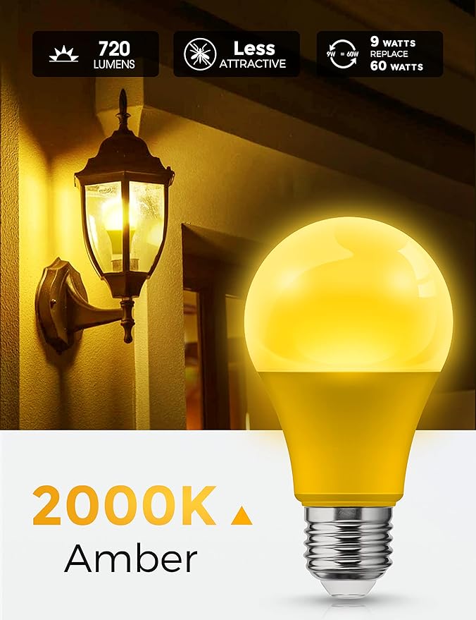 L LOHAS LED Yellow Bug Light Bulbs Outdoor, A19 9W Bug Lights for Outside, 60W Equivalent, 2000K Amber Porch Light Bulb, Non-Attracting, E26 Base, Not-Dimmable, Ideal for Patio, Deck, Backyard, 2 Pack