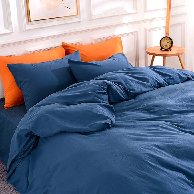 NEXHOME PRO Duvet Cover Set 100% Washed Cotton Oversized King 120"x98" Linen Feel Textured Organic 3 Pieces Bedding Set with Zipper Closure and Corner Ties, Breathable (Navy Blue, No Comforter)