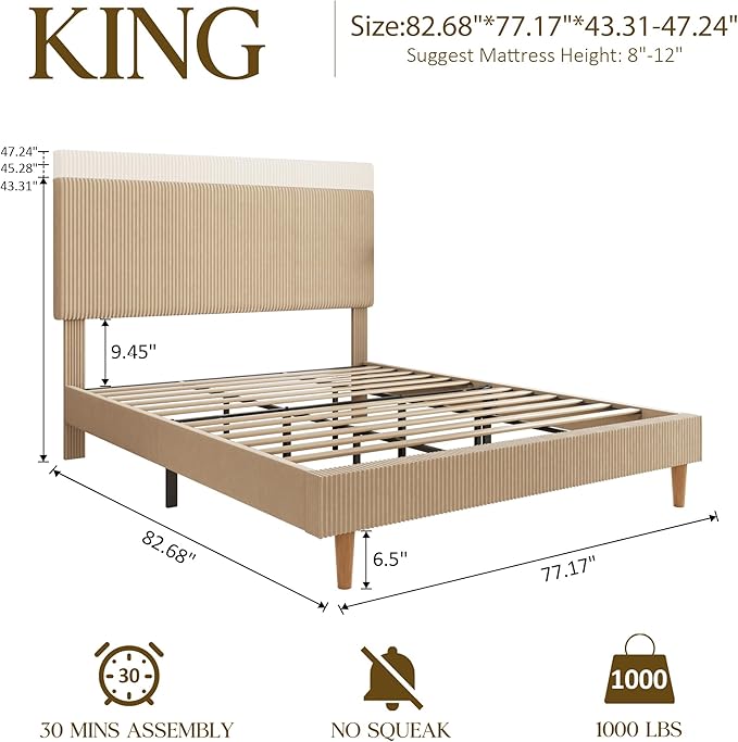 King Size Bed Frame, Upholstered Platform Bed with Adjustable Headboard, Vertical Fluted Tufted, Soft Corduroy Fabric, Wooden Slats Support, No Box Spring Needed, Easy Assembly, Brown
