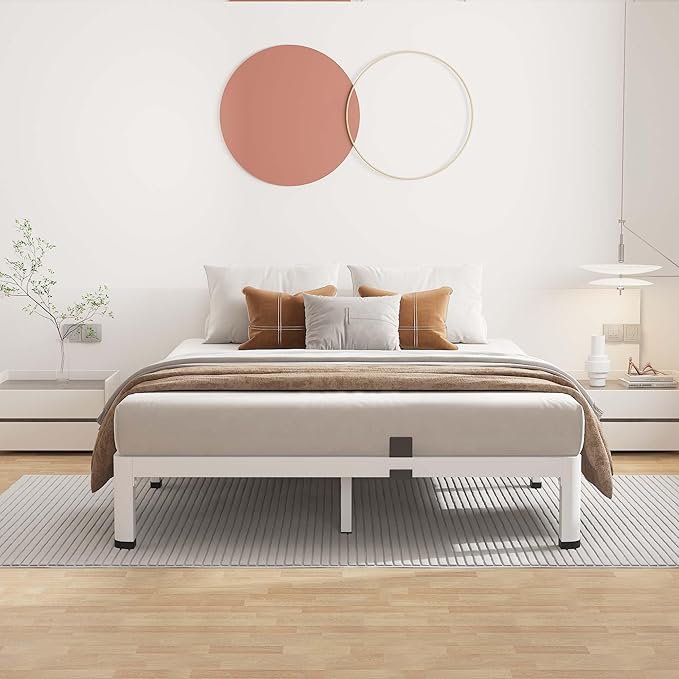 ROIL 7 Inch White Full Bed Frame with Rounded Corner and Mattress Retainers, 3500LBS Heavy Duty Steel Slats No Box Spring Needed Platform Noise-Free Easy Assembly