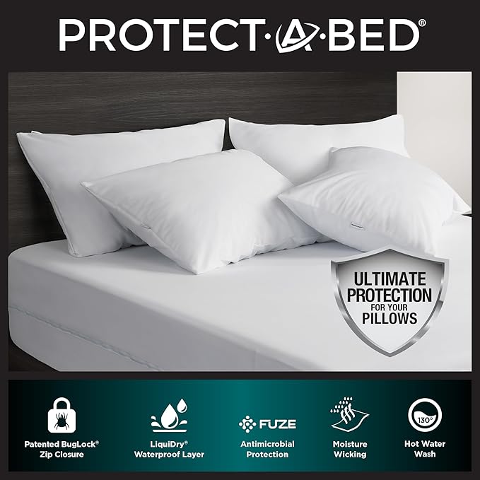 Protect-A-Bed AllerZip Standard 20" x 26" Pillow Protectors (Set of 2), Bed Bug and Dust Mite Proof, Noiseless and Odor-Resistant Pillow Covers, 100% Waterproof, Machine Washable