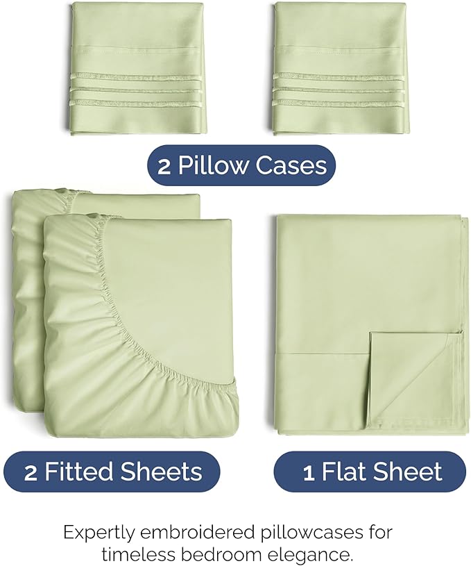 Split King Size 5 Piece Sheet Set - Comfy Breathable & Cooling Sheets - Hotel Luxury Bed Sheets for Women & Men - Deep Pockets, Easy-Fit, Soft & Wrinkle Free Sheets - Light Sage Green Oeko-Tex Sheets