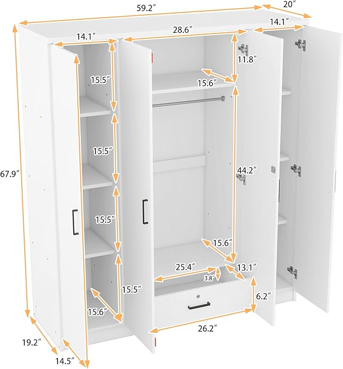 67.9" H Large Wardrobe Closet with 4 Doors, Freestanding Armoire Wardrobe Closet with Locking Drawer, Shelves and Hanging Rod, Wooden Bedroom Coat Closets Cabinet for Clothes, White