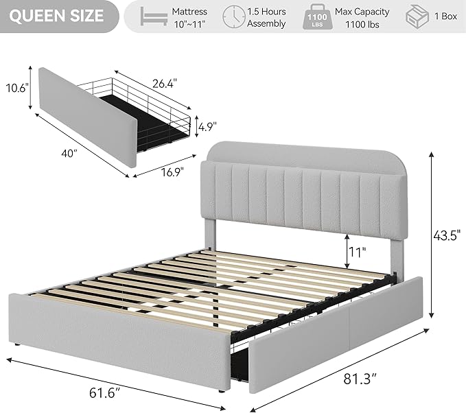 GarveeHome Queen Bed Frame with Storage Headboard, Girls Bed Frame with 2 Drawers, Boucle Upholstered Platform Bed with Bookcase, No Box Spring Needed, Easy Assembly, Grey