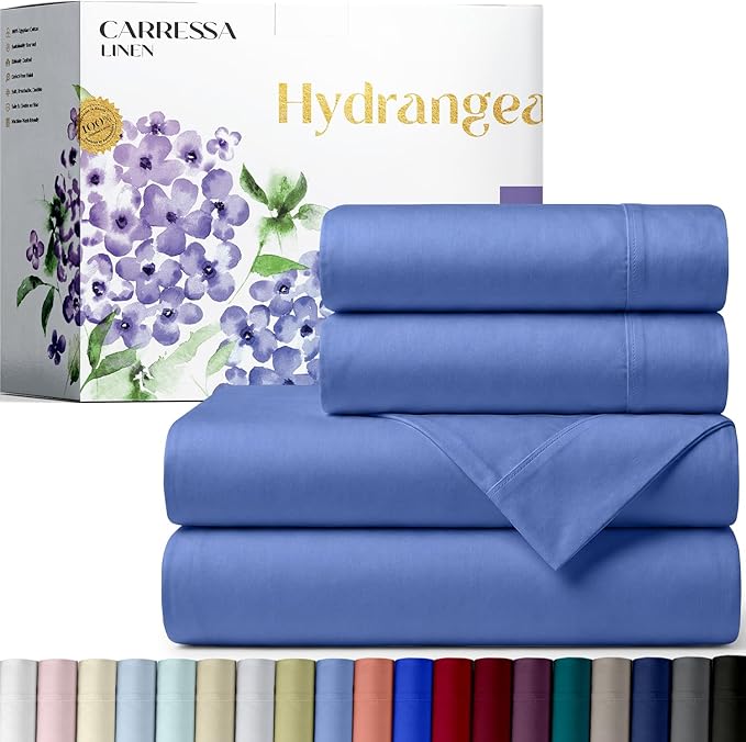 Carressa Linen 100% Egyptian Cotton Queen Sheet Set - 600 Series Hydrangeas Collection Egyptian Cotton Queen Sheets Set (4 PC, Deep Blue), 16" Deep Pocket Sateen Weave Luxury Hotel Bed Sheet