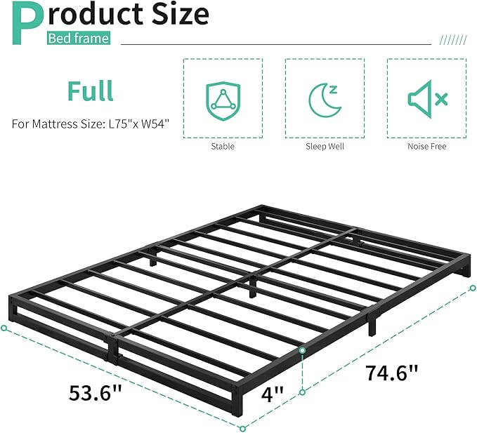 Lutown-Teen 4 Inch Full Size Bed Frame No Box Spring Needed, Heavy Duty Metal Platform Beds with Sturdy Steal Slats for Mattress Foundation, Easy Assembly, Noise Free, Black