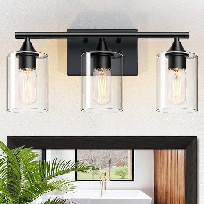 Bathroom Lighting Fixtures Over Mirror,3-Light Black Bathroom Vanity Light,Sconces Wall Lighting with Clear Glass Shade,Light Fixture for Bedroom Living Room Vanity Table Hallway