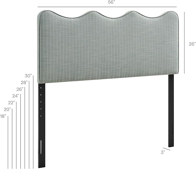 Monday Athena Striped Fabric Upholstered Full Size Adjustable Headboard in Spa Blue Stripe - with Scalloped Wave Design and Soft Linen-Like Fabric