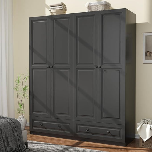 Armoire Wardrobe Closet with Drawers: 63" Black Wardrobe Closet with 4 Doors and 2 Drawers, Wood Clothes Armoire with Hanging Rod, Clothing Storage Cabinet for Bedroom