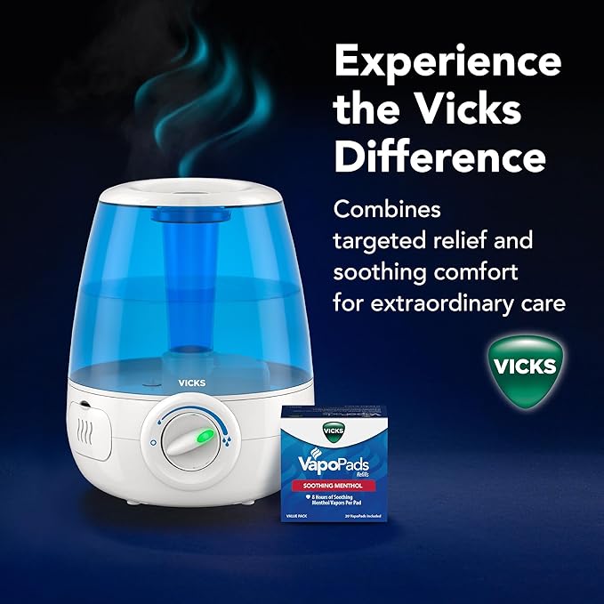 Vicks Filter-Free Ultrasonic Humidifier, Recommended by Pediatricians, 1.2 Gal Ultrasonic Cool Mist Humidifiers for Bedrooms & Kids Rooms, Works with Vicks VapoPads