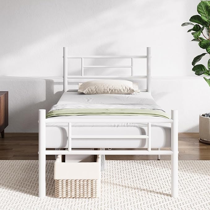 Novilla Twin Bed Frame with Headboard and Footboard, 14 Inch Metal Platform Bed Frame with Under Bed Storage, No Box Spring Needed, Strong Metal Slats Support, White