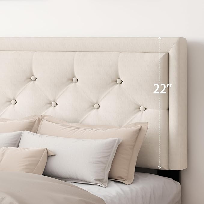 CXVX Full Size Platform Bed Frame with Upholstered Velvet Button Tufted Headboard, Mattress Foundation with Wooden Slat Support, No Box Spring Needed, Easy Assembly, Noise Free, Beige