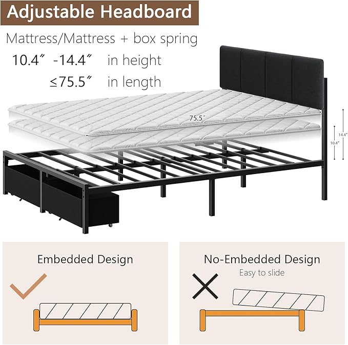 Furnulem Full Size Bed Frame with Headboard, Upholstered Full Bed Frame with LED Light, USB Charging Station, Platform Bedframe with 2 Fabric Underbed Storage Drawers, No Spring Box Needed