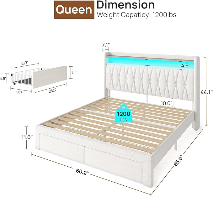 Rolanstar Queen Bed Frame with Drawers, Storage Headboard with Charging Station and LED Lights, Upholstered Bed with Heavy Duty Wood Slats, No Box Spring Needed, Noise Free, Easy Assembly, Beige