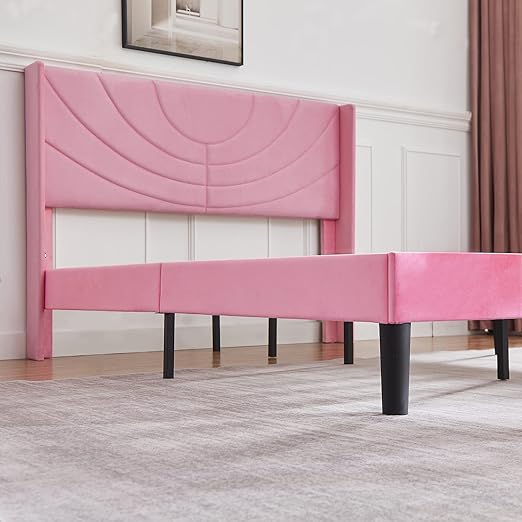 VECELO Queen Size Bed Frame Upholstered Platform with Fabric Headboard/Wooden Slats Support/No Box Spring Needed/Mattress Foundation,Pink