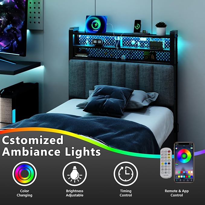 VINGLI Twin or Twin XL Size Headboard, Adjustable Upholstered Headboard with 3 Tier Shelves and Pegboard with Charging Stations and LED Lights, Modern Bed Headboard with Storage for Bedroom Decor