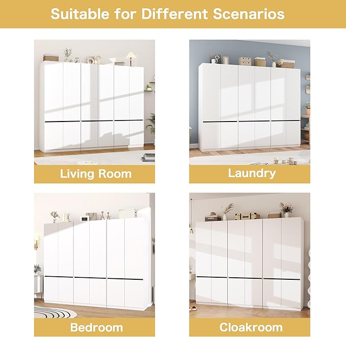 White Armoire Wardrobe Closet: 74" Wooden Wardrobe Closet with 6 Doors, Bedroom Armoires with Hanging Rod, Tall Closets Cabinet for Hanging Clothes (94.5")