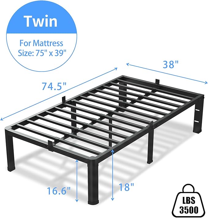 VIPSHOW 18 Inch Twin Size Bed Frame, 3500Lbs Heavy Duty Metal Platform with Round Corner Legs Mattress Slide Stopper, Steel Slat Support No Box Spring Needed, Noise Free, Non-Slip, Easy Assembly