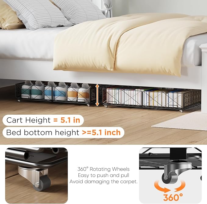 Under Bed Storage with Wheels, Rollable Under Bed Storage Container, Foldable Metal Under Bed Organizer for Bedroom Clothes Shoes Blankets Storage (1black, Black)