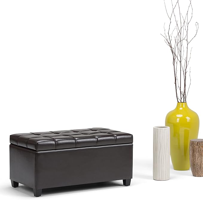 SIMPLIHOME Sienna Storage Ottoman Bench - 33 inch Wide Upholstered Vegan Leather Rectangle Storage Ottoman Bench in Chocolate Brown, Transitional Tufted Ottoman for Living Room with Lift Top
