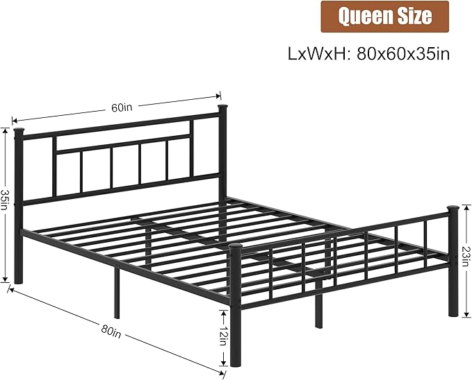 Shintenchi Queen Size Metal Platform Bed Frame with Headboard & Footboard, Steel Slat Mattress Foundation, Under Bed Storage, Noise-Free, No Box Spring Needed, Black Square