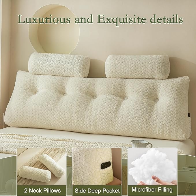 YOUR MOON Wedge Headboard Pillow King Size, Triangular Wedge Backrest Pillow with 1 Pack Neck Roll Pillows, Headboard Pillow for Bed,Daybed,and Lounging, Large Bed Bolster Pillows,Off White