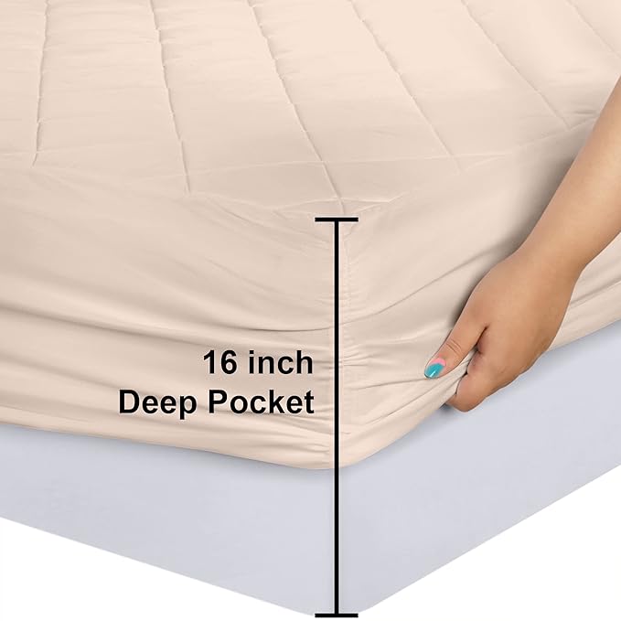 Utopia Bedding Quilted Fitted Mattress Pad, King Size, Elastic Fitted Mattress Topper Protector and Cover with Deep Pocket Stretches up to 16 Inches, Machine Washable (Beige)