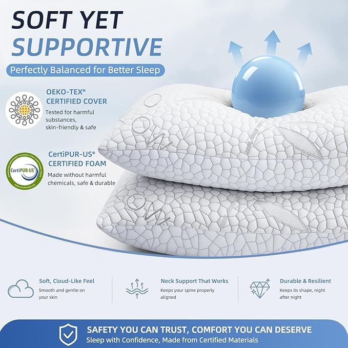 Yettbea Adjustable Shredded Memory Foam Pillows King Size Set of 2, Luxury Bamboo Cooling Pillow w/Washable Zippered Cover, Soft or Firm Support Bed Pillow for Side, Back, Stomach Sleeper
