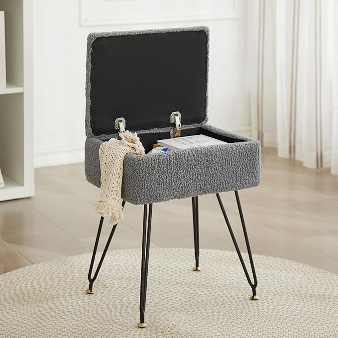 Vanity Stool Chair, Faux Teddy Fur Ottoman Foot Stool with Metal Legs & Adjustable Black Feet, Flip Top Storage Makeup Stool with Soft Padded Seat, Foot Rest for Makeup Room Bedroom, Gray