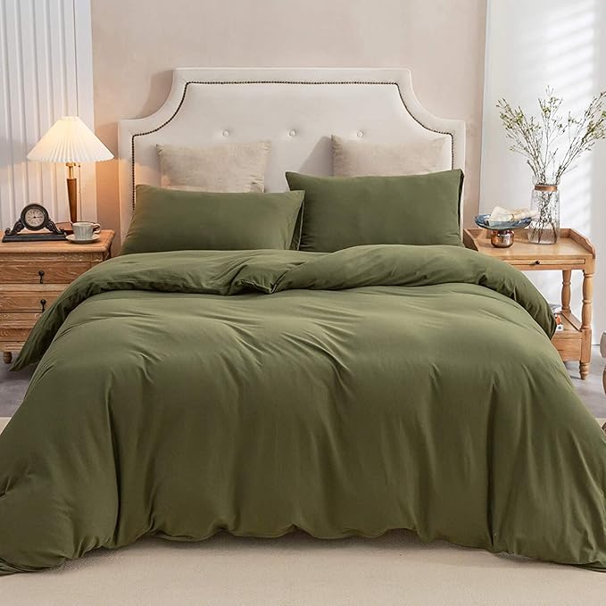 PURE ERA Jersey Knit Duvet Cover Set 100% T-Shirt Cotton Super Soft Comfy 3pc Bedding Set with Zipper Closure (Solid Olive Green, Queen)