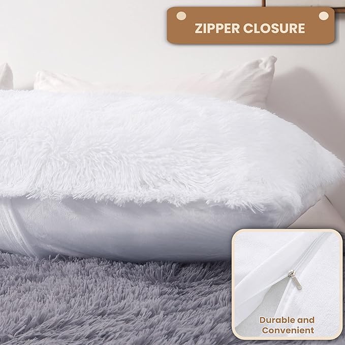 MEGO Luxury Fluffy Body Pillow Cover, 20x54 Shaggy Faux Fur Body Pillow Case, White Soft Plush Fuzzy Body Pillowcase, Decorative Furry Long Bed Pillow with Zipper Closure Hug Pillow for Bedroom White