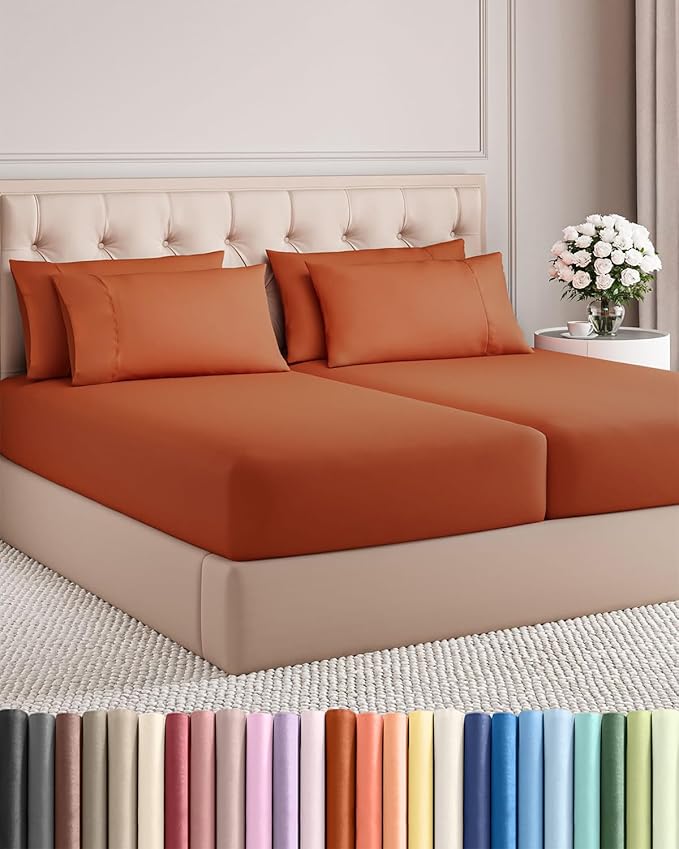 Split King 7 Piece Sheet Set - Comfy, Breathable & Cooling - Soft Hotel Luxury Bedding for Women, Men, Kids, Teens & Children - 1 Flat & 2 Fitted Sheets & 4 Pillowcases w/ Deep Pockets - Terracotta
