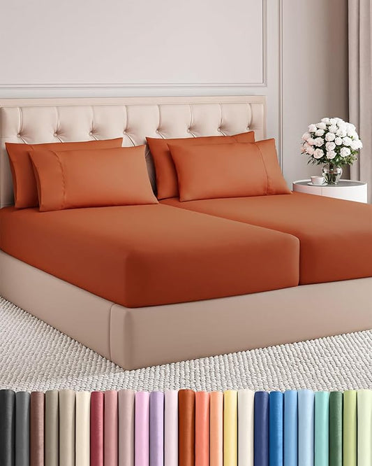 Split King 7 Piece Sheet Set - Comfy, Breathable & Cooling - Soft Hotel Luxury Bedding for Women, Men, Kids, Teens & Children - 1 Flat & 2 Fitted Sheets & 4 Pillowcases w/ Deep Pockets - Terracotta