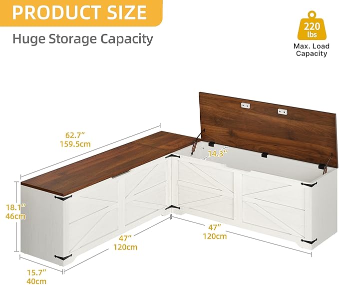 DWVO L-Shaped Storage Bench, 18" High Corner Dining Bench with Safety Hinges, Wooden Nook Chest for Living Room, Bedroom