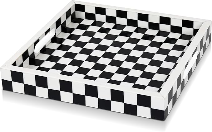 Handicrafts Home 12x12 Decorative Serving Tray, Black and White Checkered Resin Inlay Tray, Square Coffee Table Ottoman Tray for Living Room, Kitchen, Guest Tray Entertaining and Display Centerpiece