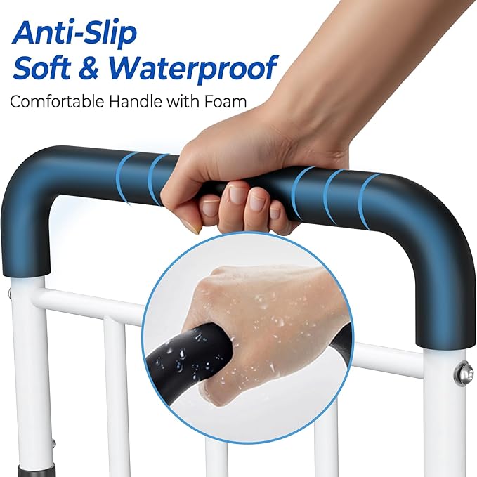 Bed Assist Rail - ASTM Approved, Adjustable Bed Cane with Non-Slip Ergonomic Handle & Storage Pocket, Bed Railings for Seniors Support 400 LBS, Tool-Free Assembly